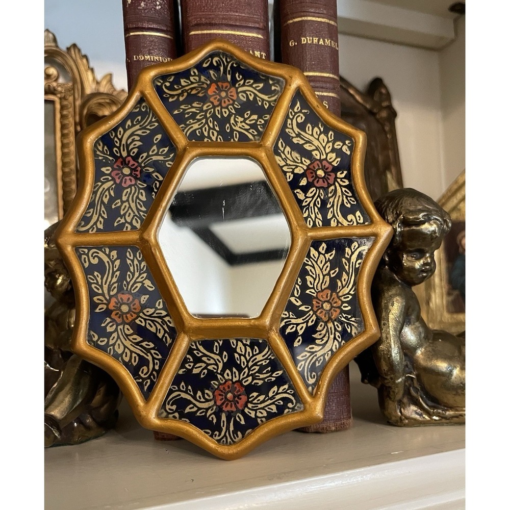 Small Vtg Peruvian Wall Mirror  Reverse Painted Design Blue Red Gold 5.5 x 4"